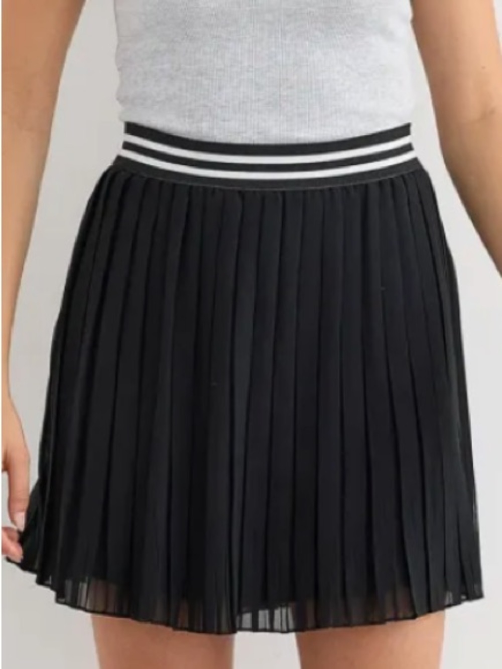 Black Pleated Skirt with Striped Elastic Waistband